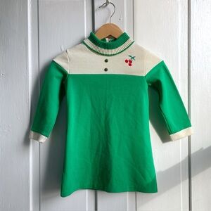 Vintage 70s Green & Cream Kids Mod Mini Dress with Embroidered Cherries